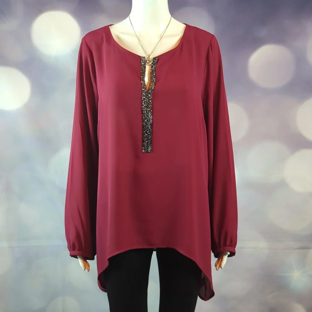Juicy Couture sz XL Burgundy Wine Long Sleeve Asymmetrical Blouse with Bling